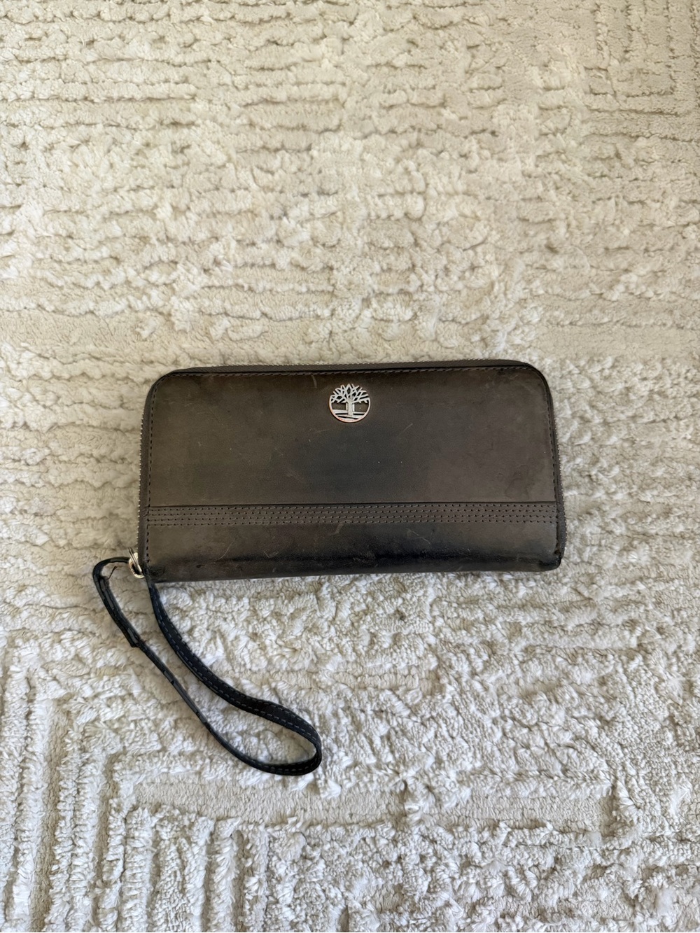 Timberland Black Leather Zip-Around Wristlet Wallet with Tree Emblem